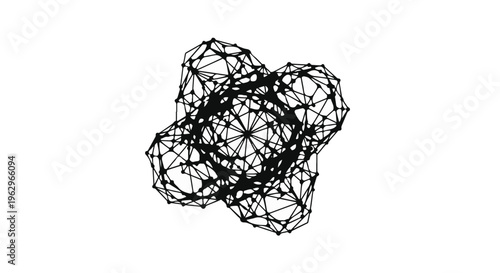 Complex interconnected geometric network structure composed of many dots and lines floats abstractly on a white surface.