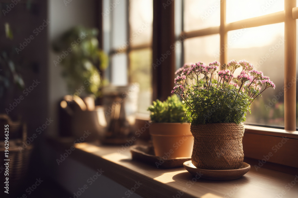 Fototapeta premium Basking in sunlight vibrant flowers in pots by the window indoor plant collection cozy home environment natural serenity