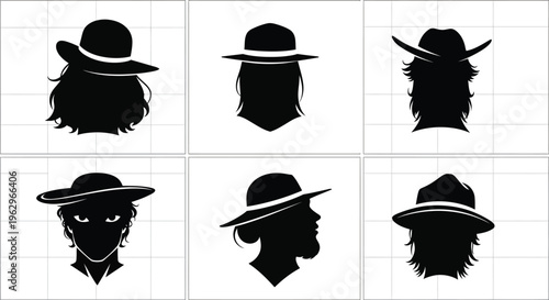 Collection of diverse vector graphic illustrations featuring stylish individuals wearing various hats and hairstyles.
