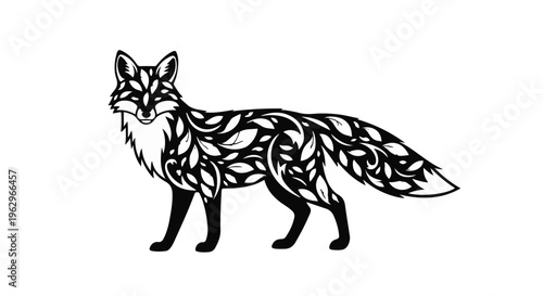 A beautifully stylized black and white illustration depicts a fox standing, its body intricately adorned with detailed leaf patterns and organic swirling elements, symbolizing nature's artistry.