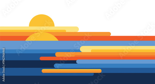 A sunset illustration with stylized sun, ocean, and layered, rounded shapes