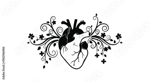 An intricate black and white illustration of an anatomical human heart is embellished with elegant floral patterns and swirling vines, merging biology with artistic design.