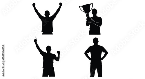 Collection of four distinct black silhouette vector graphics showing different poses of triumphant athletic figures