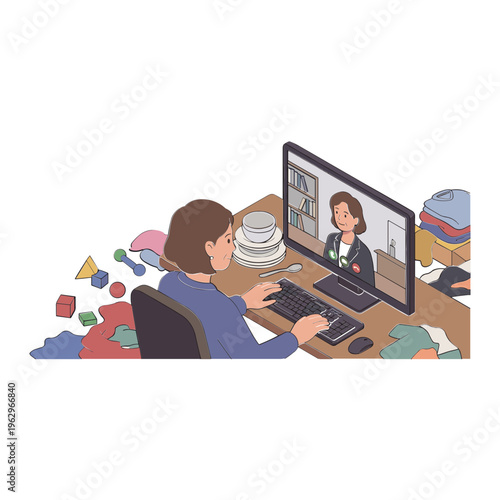 Woman working on computer with video call at cluttered desk in office