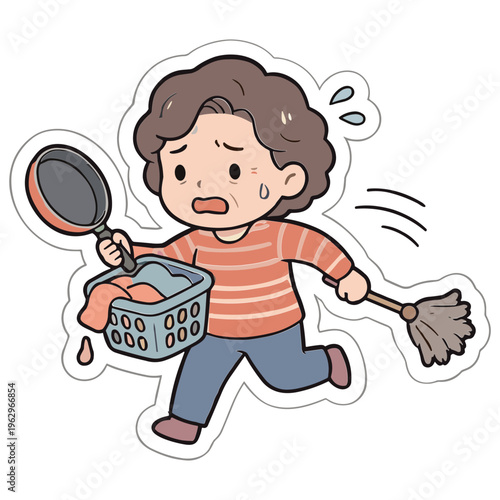 A stressed woman runs frantically with a mop, frying pan, and laundry basket.