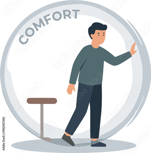 A man steps into a comfort zone bubble near a stool.
