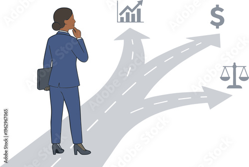 Woman in blue suit stands on forked road with finance, law, and growth symbols