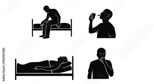 Vector illustration showing common symptoms of illness, including rest, medication, and coughing.