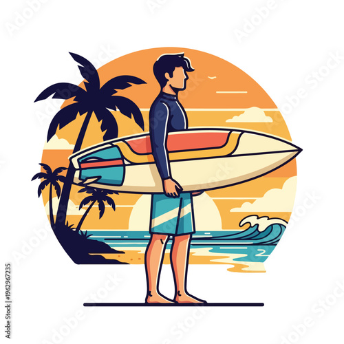 A surfer stands on the beach with a surfboard at sunset