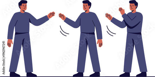 Three men standing and gesturing with their hands in a sequence.