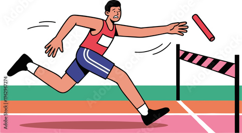 Athlete jumps over hurdle on track during competition event quickly.