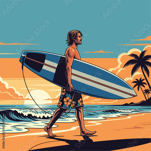A surfer walking along a beach with a surfboard towards the ocean
