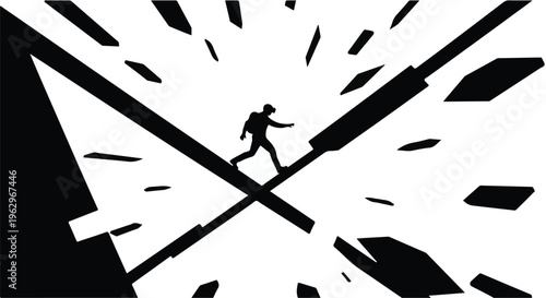 Person silhouette running through an abstract, shattered tunnel, symbolizing progress, challenge, or escaping a difficult situation with determination.