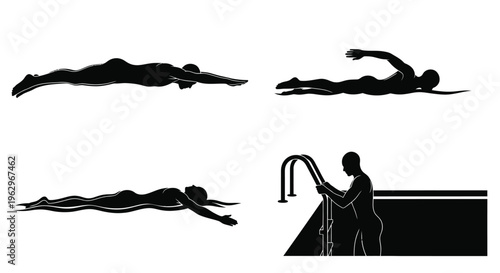 Black silhouette vector graphic set illustrating various competitive swimming strokes and pool entry techniques