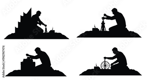 Silhouette illustration showing four different stages of setting up a surveying instrument or detonation device