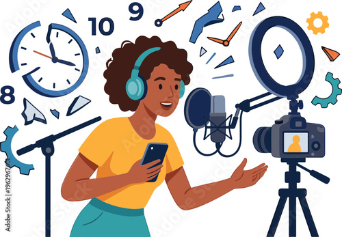 Woman records video podcast with microphone and camera equipment