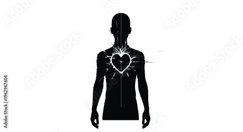 Human silhouette with a shattered heart graphic illustrating emotional pain and vulnerability on a stark white background, symbolizing inner turmoil.