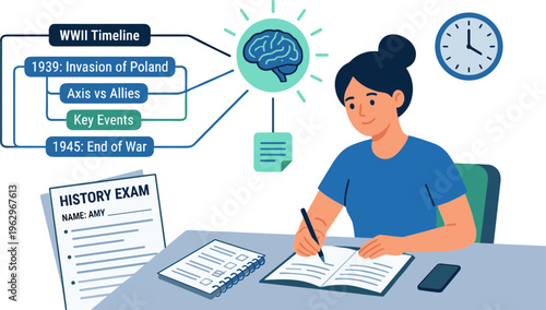 A student prepares for a history exam by studying notes and timeline at a desk.