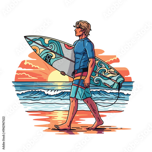 A surfer walks the beach, holding a surfboard, with ocean sunset backdrop