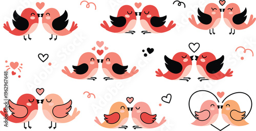 Cute Kissing Birds Collection Featuring Love, Hearts, and Playful Romance in a Fun Cartoon Style