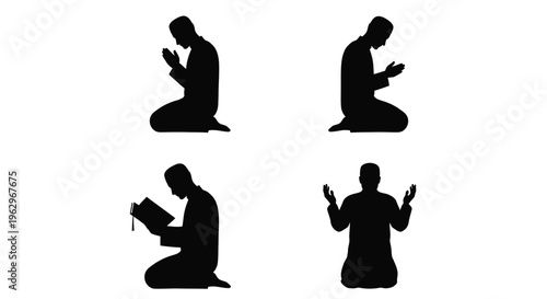 Vector graphic illustration of a Muslim man engaging in spiritual prayer and reading a holy book.