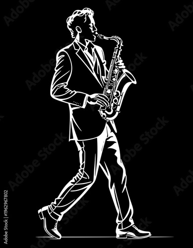 Black silhouette of a saxophone player, side profile, wearing a hat, clean white background, minimal vector style, smooth edges, high contrast, professional icon design