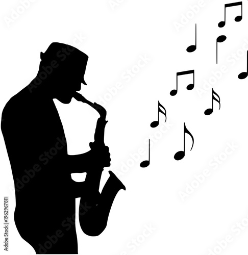 Black silhouette of a saxophone player, side profile, wearing a hat, clean white background, minimal vector style, smooth edges, high contrast, professional icon design