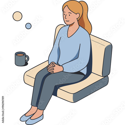 A woman sits on a couch with a cup of coffee and looks relaxed.