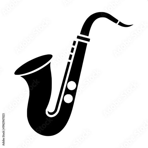 Black silhouette of a saxophone player, side profile, wearing a hat, clean white background, minimal vector style, smooth edges, high contrast, professional icon design