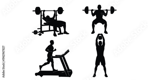 Vector illustration set depicting various fitness activities including weightlifting running and kettlebell exercises