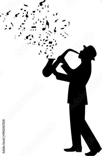 Black silhouette of a saxophone player, side profile, wearing a hat, clean white background, minimal vector style, smooth edges, high contrast, professional icon design