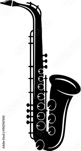Black silhouette of a saxophone player, side profile, wearing a hat, clean white background, minimal vector style, smooth edges, high contrast, professional icon design