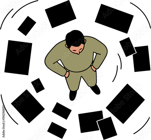 A man stands surrounded by scattered black rectangles in a cluttered environment.