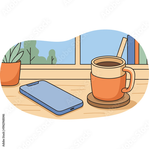 A serene morning scene with a coffee mug plant and smartphone on a wooden table by the window.