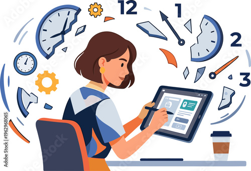 A woman works efficiently on her computer with various productivity symbols around her.