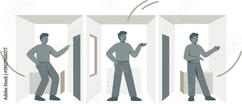 A man stands in three different positions, each in a doorway, presenting various gestures.