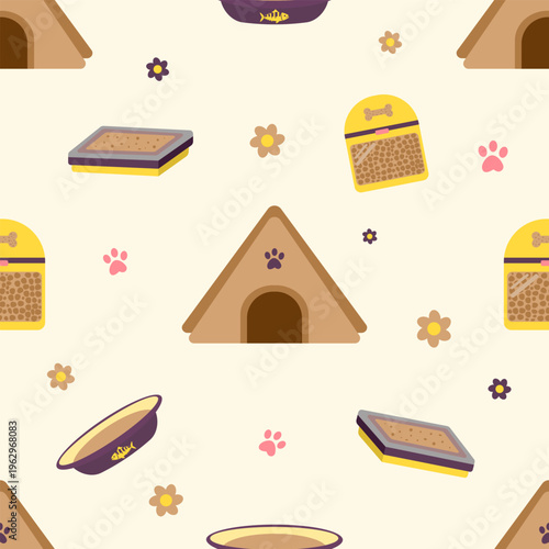 Home sweet pet house seamless pattern with kennel and litter box. Minimalist flat design vector illustration for domestic pet supplies and animal shelter interior decor