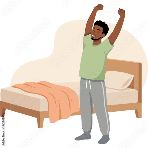 Man stretching in front of bed with peach blanket indoors