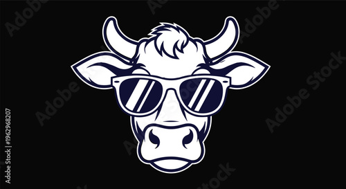 Cool Cow Head Vector Illustration Wearing Sunglasses Featuring White Line Art Mascot on Black Background for Modern Cattle Farm Branding