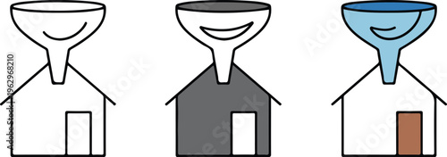 -Real estate marketing sales funnel and house icon set featuring minimalist line art black and colorful vector illustrations.