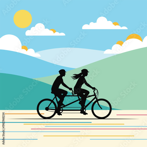 A tandem bike ride with silhouettes, sun, clouds, and a scenic backdrop