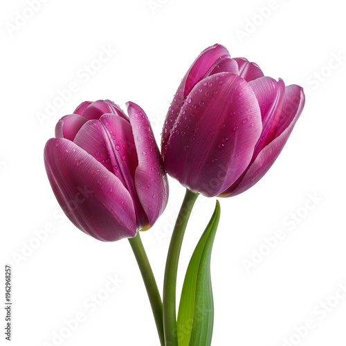 Two exquisite purple tulips, adorned with sparkling water drops, standing elegantly against a