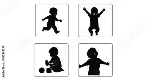Playful toddler vector graphic illustration showcasing childhood joy, movement, and development in various expressive poses.