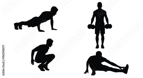 Vector graphic illustration of a man performing various fitness exercises and workout routines.
