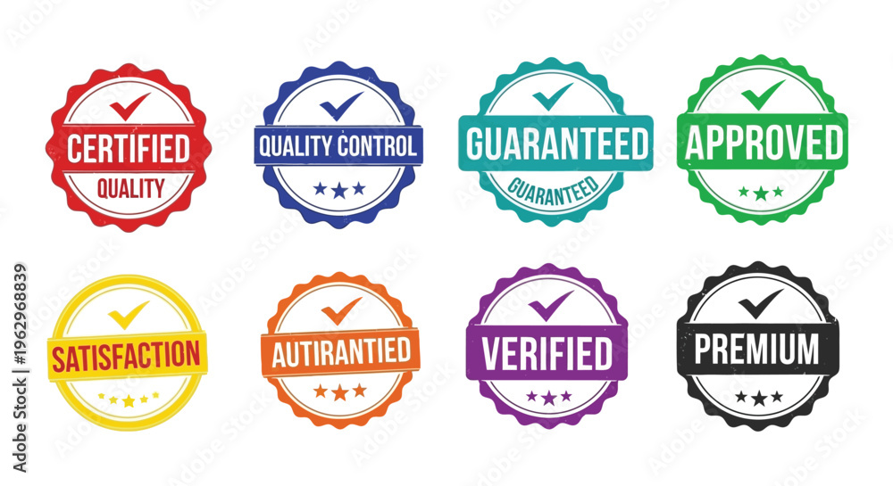 Obraz premium Collection of colorful quality assurance and certification badges with checkmarks