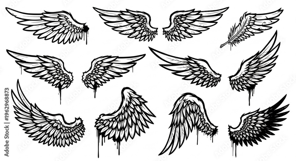 Fototapeta premium Urban Graffiti Wings and Feathers Vector Illustration Sheet in Black Ink Grunge Punk Street Art Style