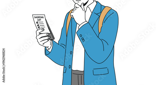 Vector illustration of a thoughtful person checking items off their digital shopping list while carrying a backpack