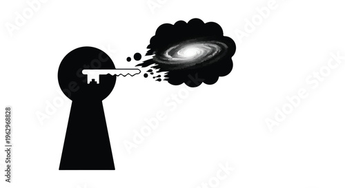 A black keyhole with a matching key inserted unlocks a swirling galaxy and cosmic cloud, symbolizing discovery, secrets, or the vastness of knowledge.