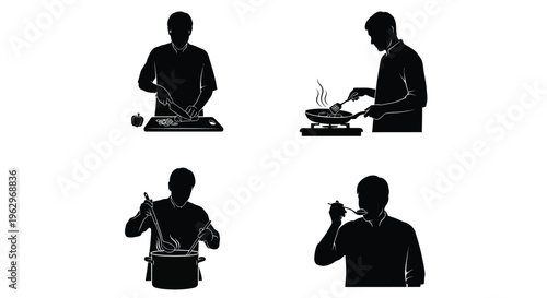Four step vector graphic illustration depicting a person preparing and enjoying a homemade meal.