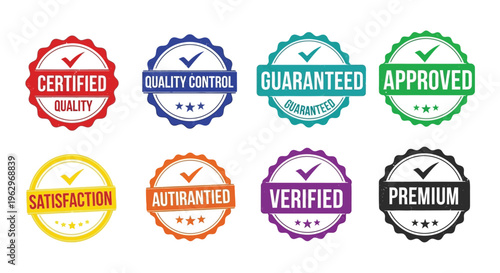 Collection of colorful quality assurance and certification badges with checkmarks